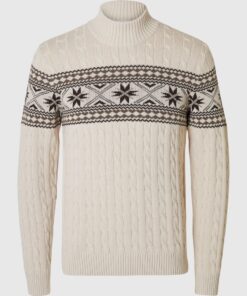 Selected Homme Flake Knit Cable High Neck Bone White