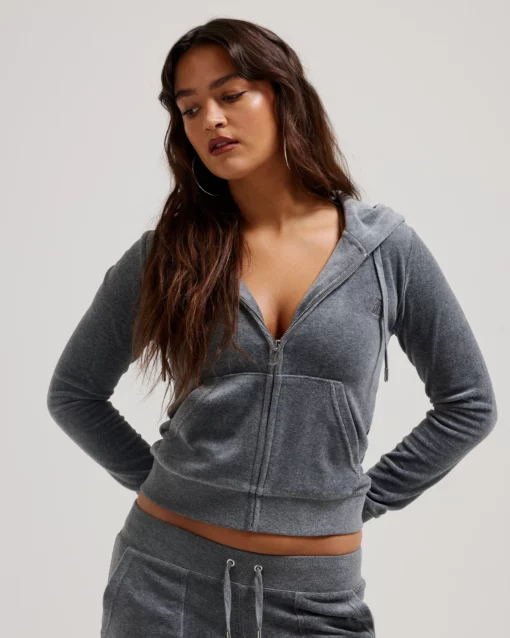 Juicy Couture Classic Velour Robertson Zip Hoodie Charcoal Marl