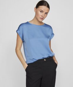 Vila Ellette Satin Top Blissful Blue