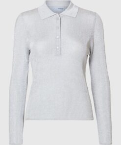 Selected Femme Dagni Knit Polo Neck Shirt Silver