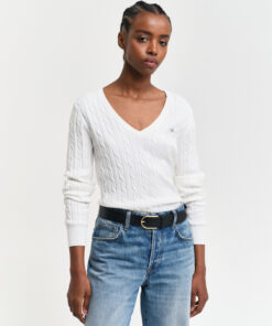 Gant Woman Stretch Cotton Cable V-Neck Eggshell