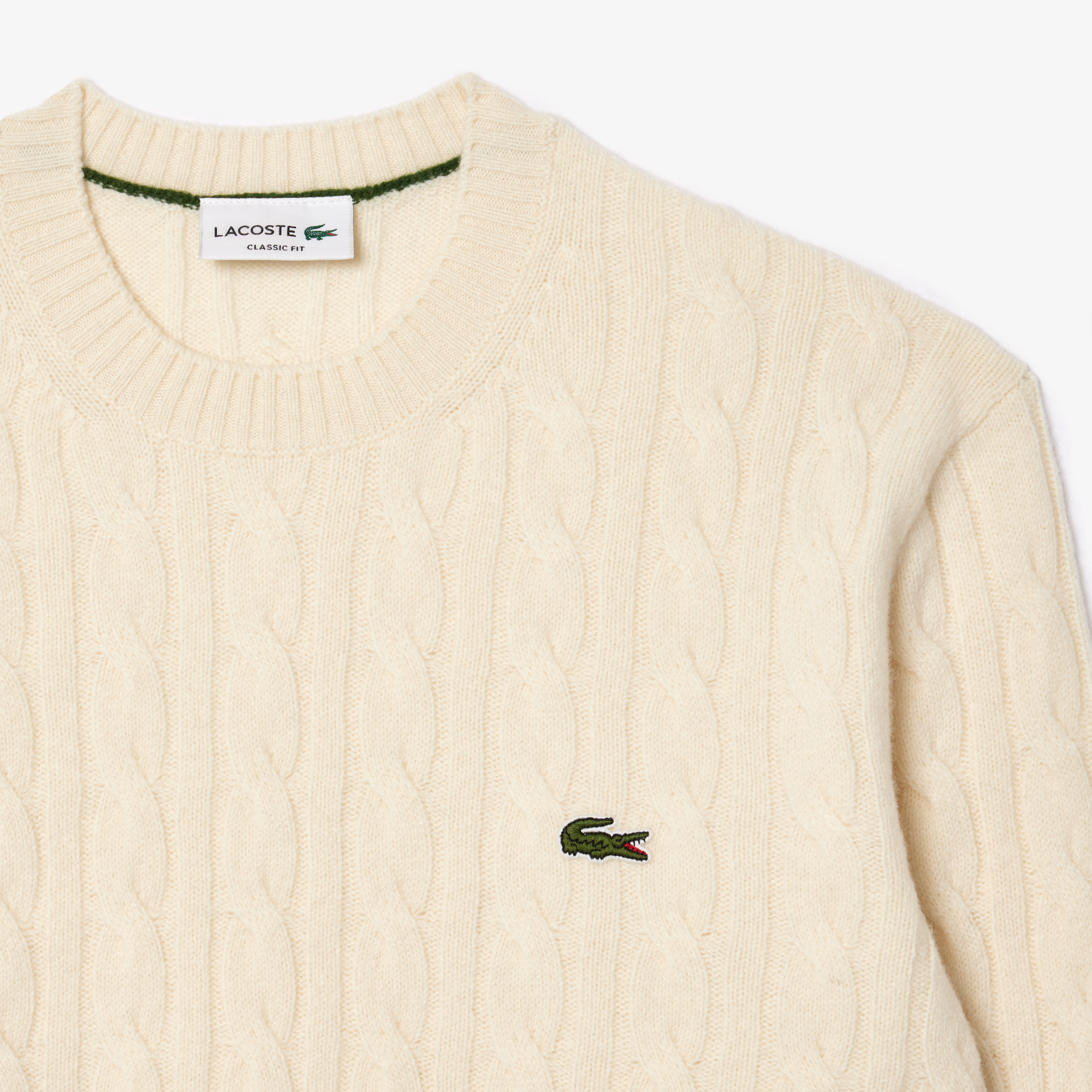 Buy Lacoste Cable Knit Carded Wool Crew Neck Sweater Ecru Buy Lacoste Cable Knit Carded Wool Crew Neck Sweater Ecru