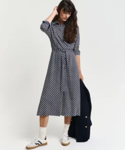 Gant Woman Slim Geometric Printed Shirt Dress Evening Blue