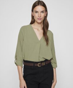 Vila Josa Turn-up V-neck Top Oil Green