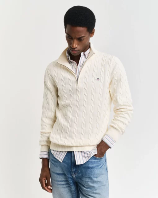 Gant Cotton Cable Half Zip Jumper Cream