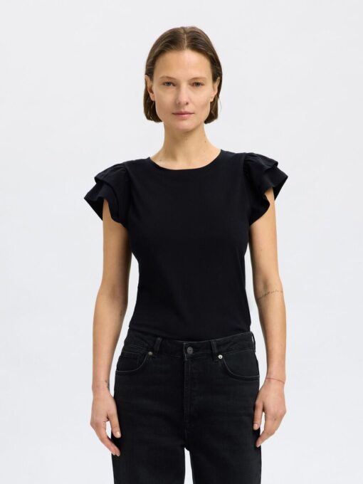 Selected Femme Camila Ruffle Tee Black