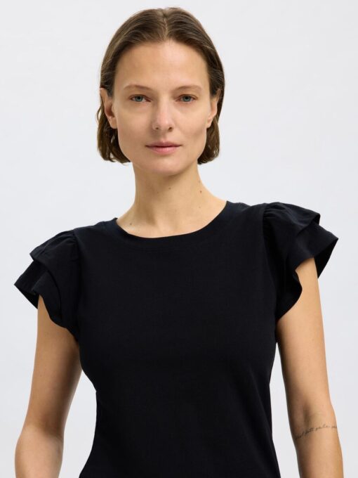 Selected Femme Camila Ruffle Tee Black
