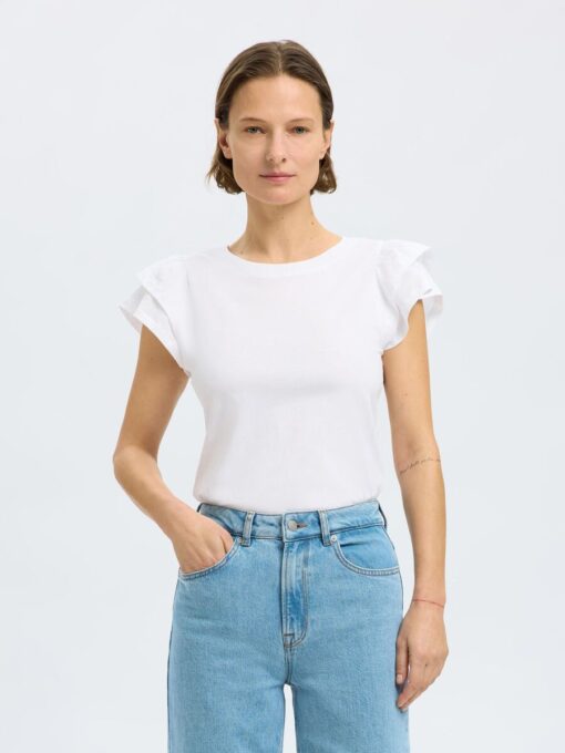 Selected Femme Camila Ruffle Tee Bright White