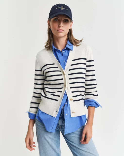 Gant Woman Striped Cotton Cardigan Eggshell