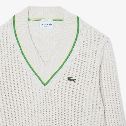 Lacoste Unisex Fit V-Neck Striped Tennis Sweater White / Green / Yellow