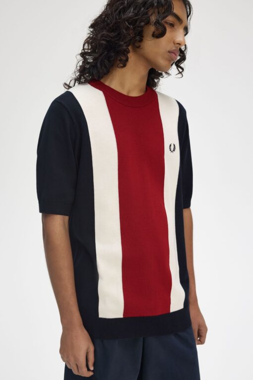 Fred Perry Vertical Stripe Knitted T-Shirt Navy/Burnt Red/ Ecru