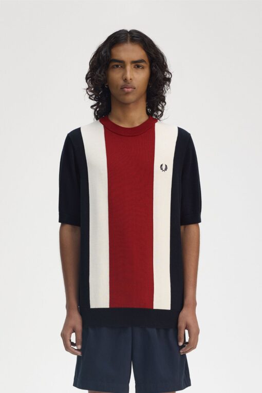 Fred Perry Vertical Stripe Knitted T-Shirt Navy/Burnt Red/ Ecru