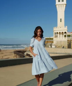 Nakoa Layered Linen Dress Sky Blue