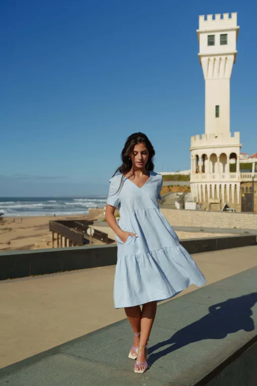 Nakoa Layered Linen Dress Sky Blue