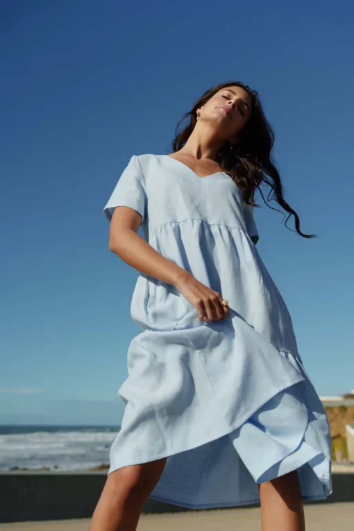Nakoa Layered Linen Dress Sky Blue