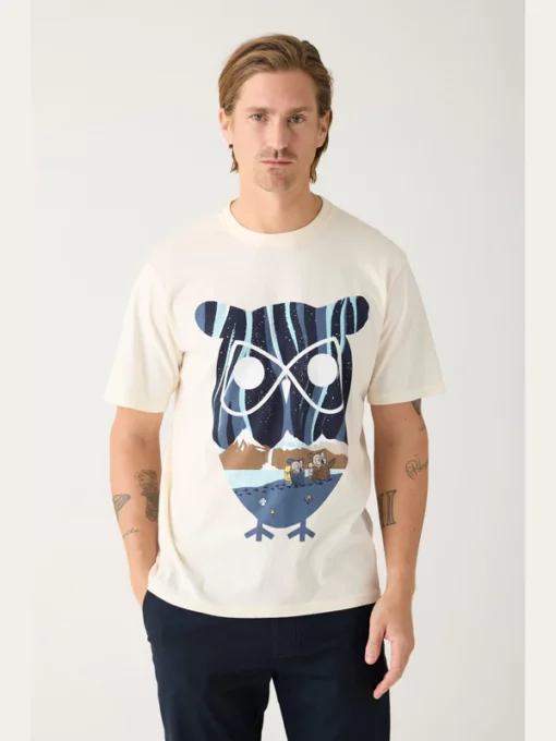 Knowledge Cotton Apparel Seagrass Owl Print T-shirt Egret