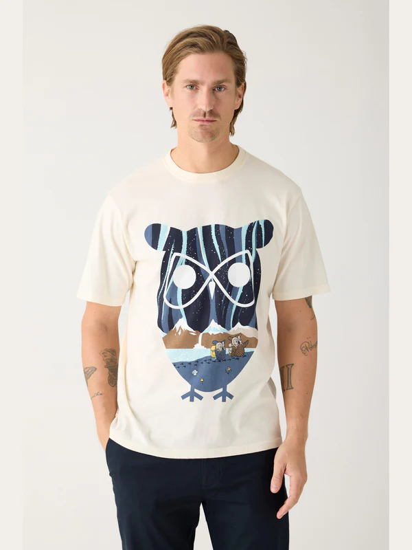 Knowledge Cotton Apparel Seagrass Owl Print T-shirt Egret