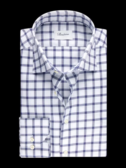 Stenströms Fitted Navy Checked Oxford Shirt