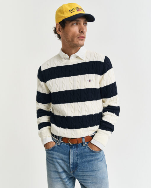 Gant Striped Cotton Cable C-Neck Evening Blue