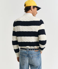 Gant Striped Cotton Cable C-Neck Evening Blue