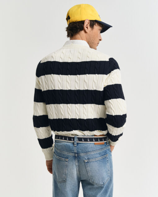 Gant Striped Cotton Cable C-Neck Evening Blue