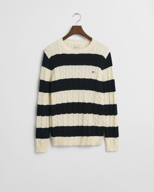 Gant Striped Cotton Cable C-Neck Evening Blue