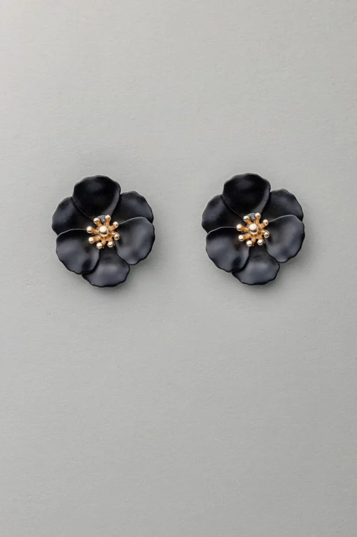 Bow19 Details Flower Small Earrings Pearl Black