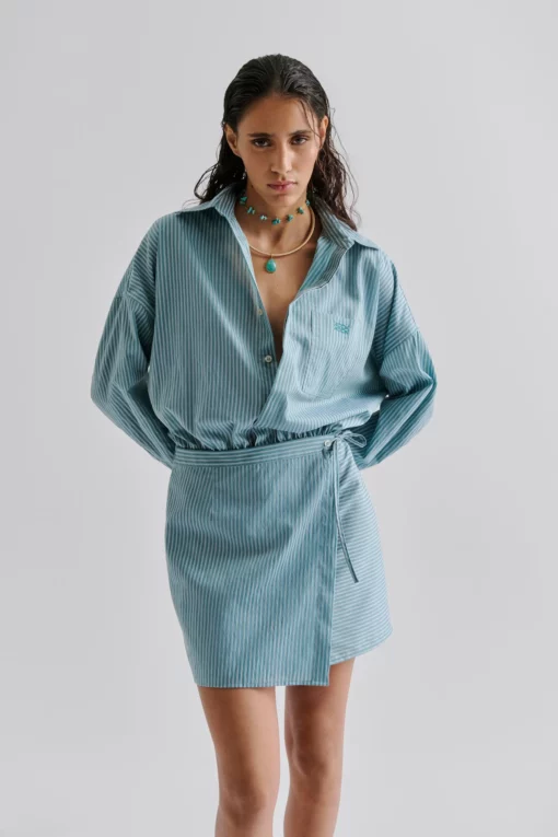 Malina Portea Wrapped Shirt Dress Aqua Stripe
