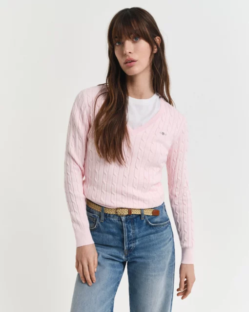 Gant Woman Stretch Cotton Cable V-neck Salmon