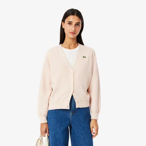 Lacoste V Neck Cotton Cardigan Angora Pink