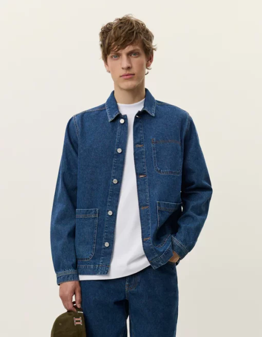 Les Deux Layton Washed Denim Overshirt Medium Indigo Wash