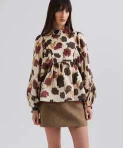 Malina Pernilla High Neck Balloon Sleeve Blouse Wine Peony