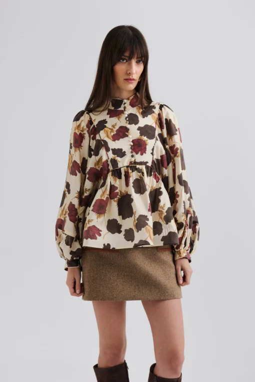 Malina Pernilla High Neck Balloon Sleeve Blouse Wine Peony