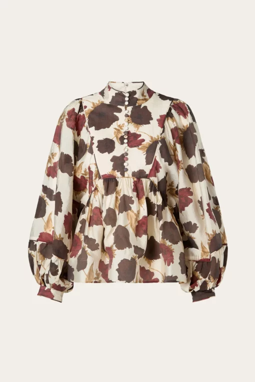 Malina Pernilla High Neck Balloon Sleeve Blouse Wine Peony