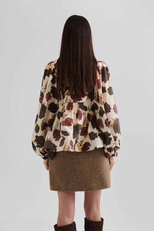 Malina Pernilla High Neck Balloon Sleeve Blouse Wine Peony