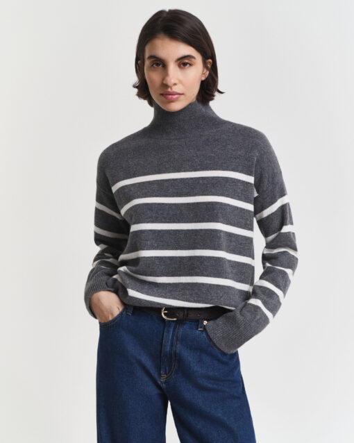Gant Woman Superfine Lambswool Stripe Mockneck Charcoal Melange