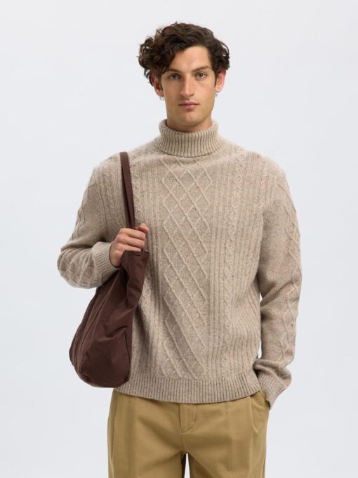 Slhneil Relaxed Cable Roll Neck Oatmeal