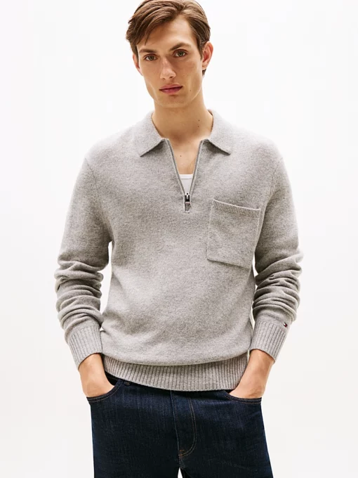 Tommy Hilfiger Pure Lambswool Zip Placket Polo Jumper Light Grey Heather