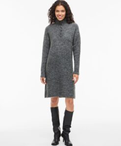 Vinynni Highneck Knit Dress Dark Grey Melange